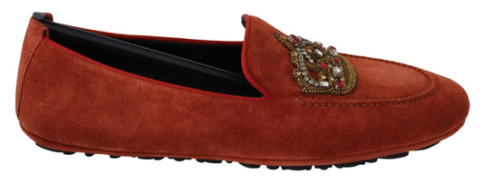 Opulente orangefarbene Leder-Loafer mit Goldstickerei