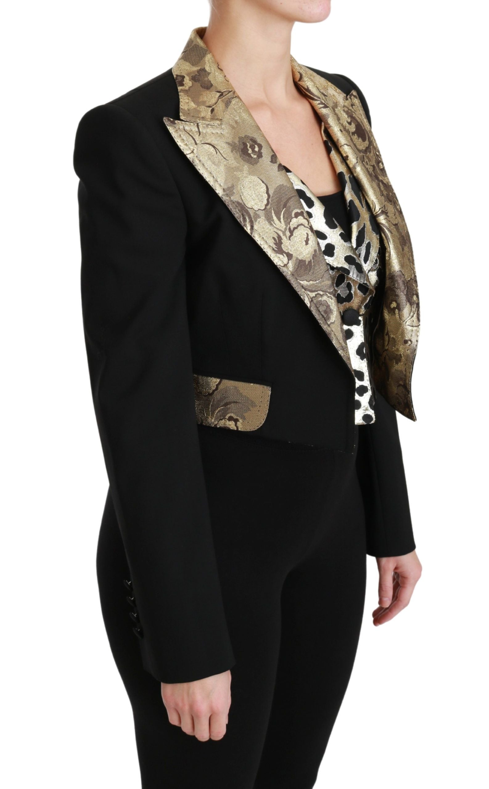 Opulentes Ensemble aus Jacke und Weste mit Blumenmuster in Schwarz und Gold