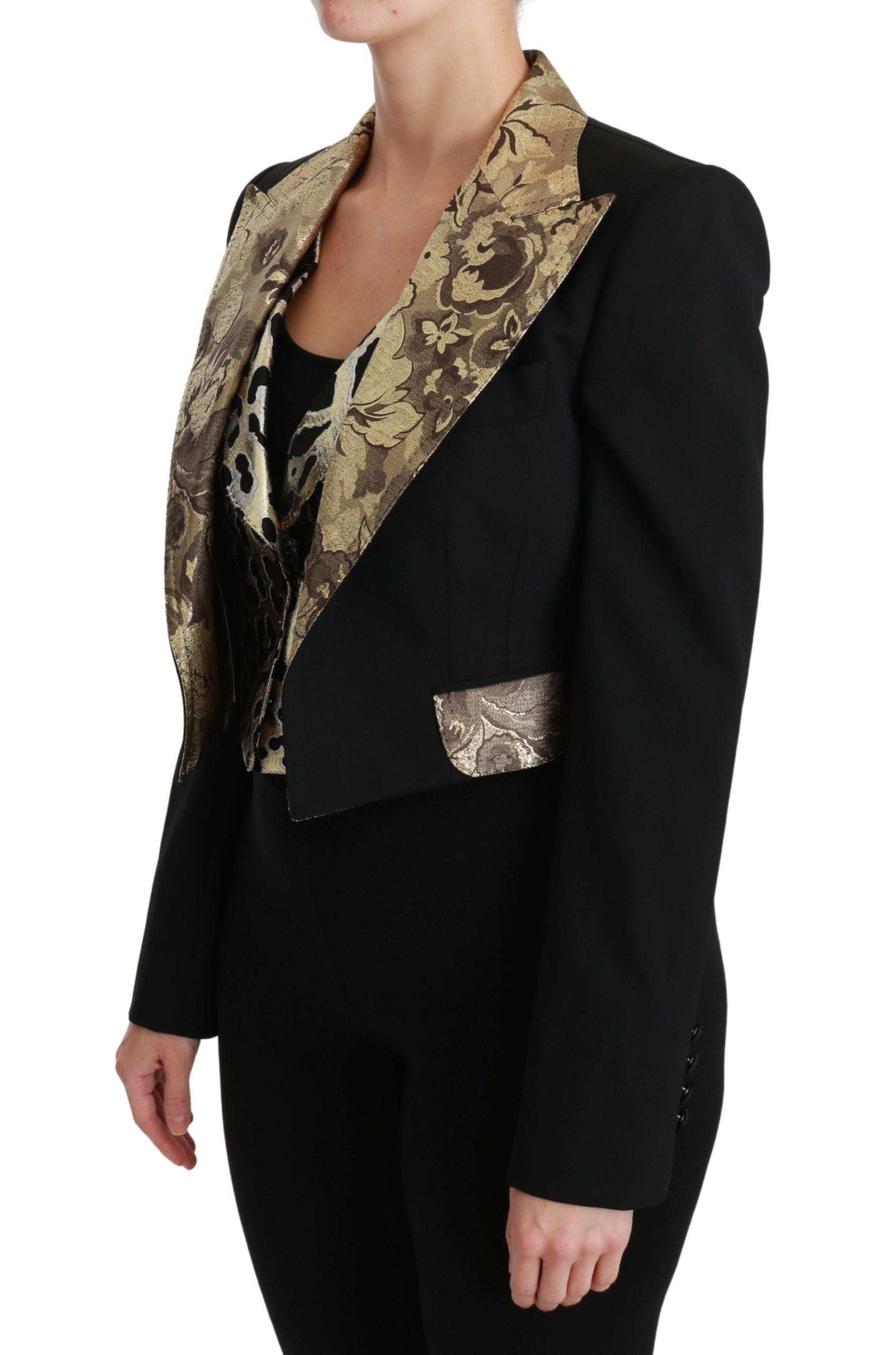 Opulentes Ensemble aus Jacke und Weste mit Blumenmuster in Schwarz und Gold