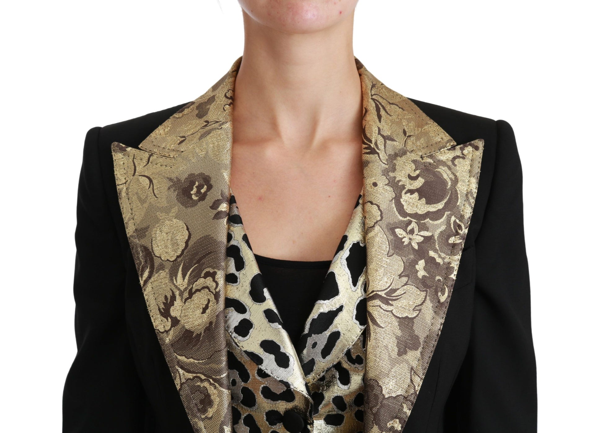 Opulentes Ensemble aus Jacke und Weste mit Blumenmuster in Schwarz und Gold