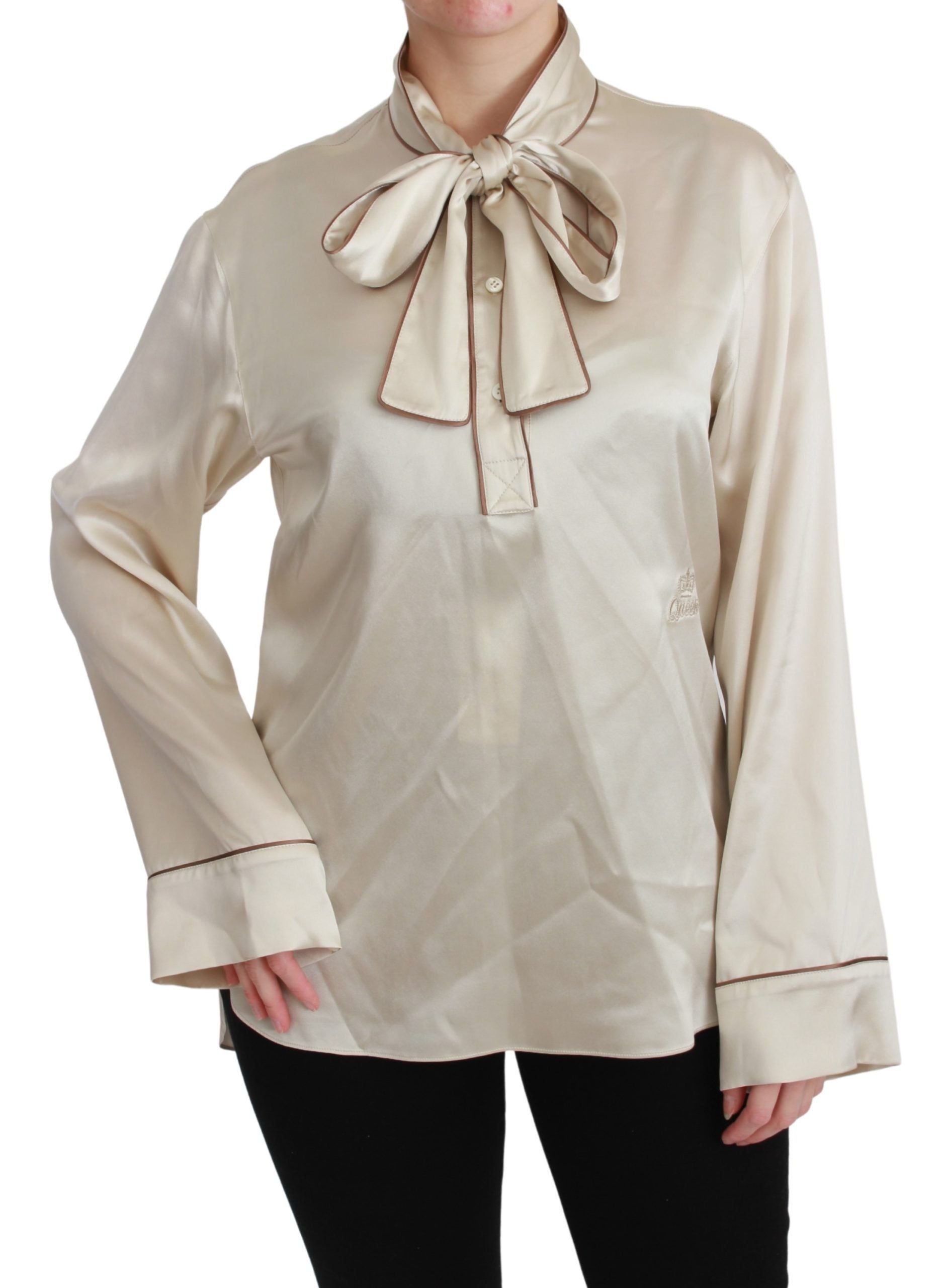 Elegante beige Seidensatinbluse mit QUEEN-Stickerei