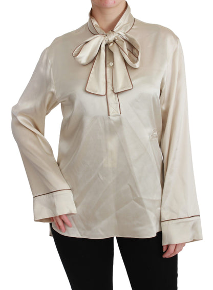 Elegante beige Seidensatinbluse mit QUEEN-Stickerei