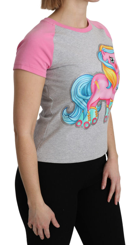 Schickes graues Baumwoll-T-Shirt mit Rundhalsausschnitt und rosa Akzenten