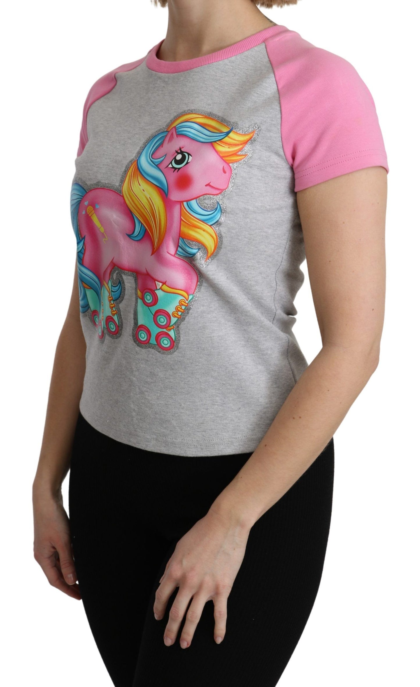 Schickes graues Baumwoll-T-Shirt mit Rundhalsausschnitt und rosa Akzenten