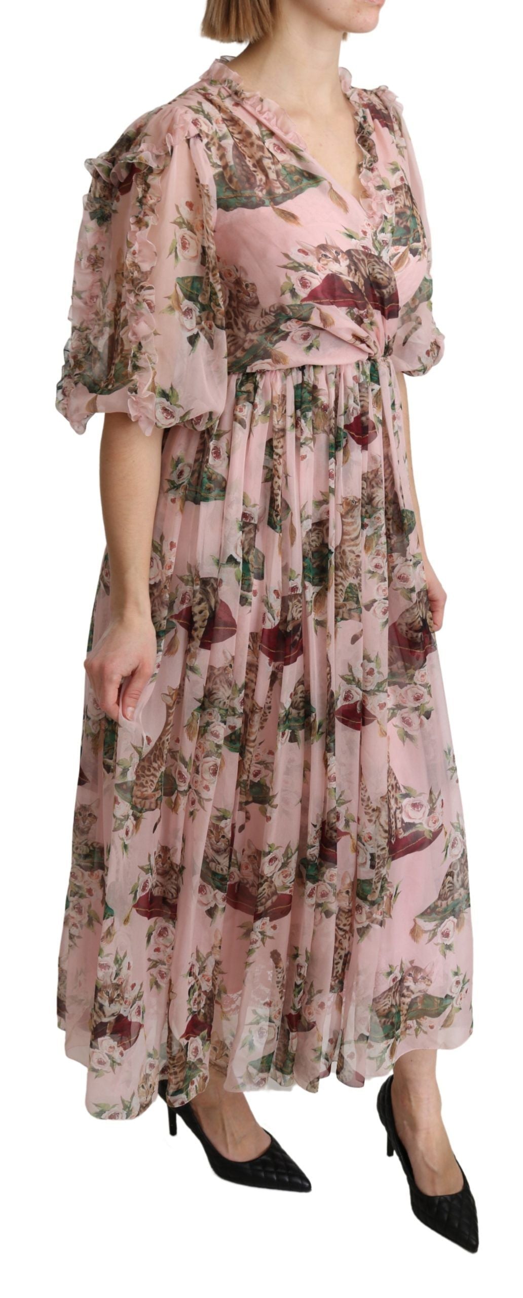 Elegantes rosa Maxikleid mit Bengalkatzen-Print in A-Linie