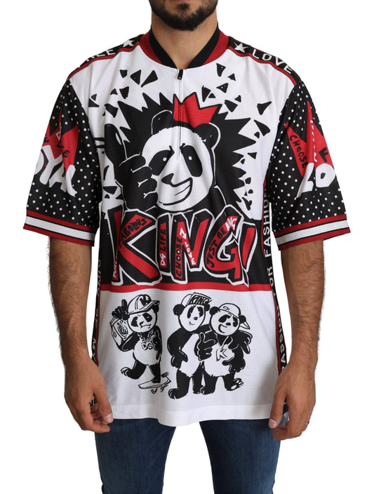 Schickes weißes T-Shirt mit Reißverschlusskragen und King Panda Print