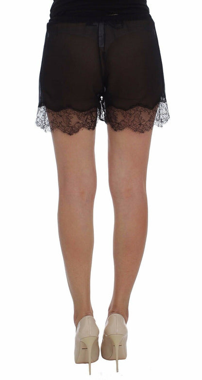 Elegante schwarze Shorts aus Seide mit Blumenspitze