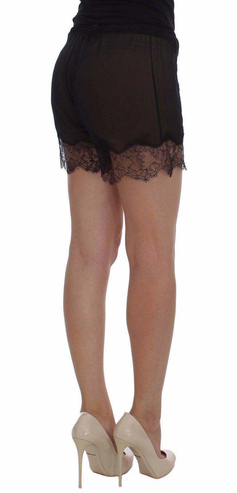 Elegante schwarze Shorts aus Seide mit Blumenspitze