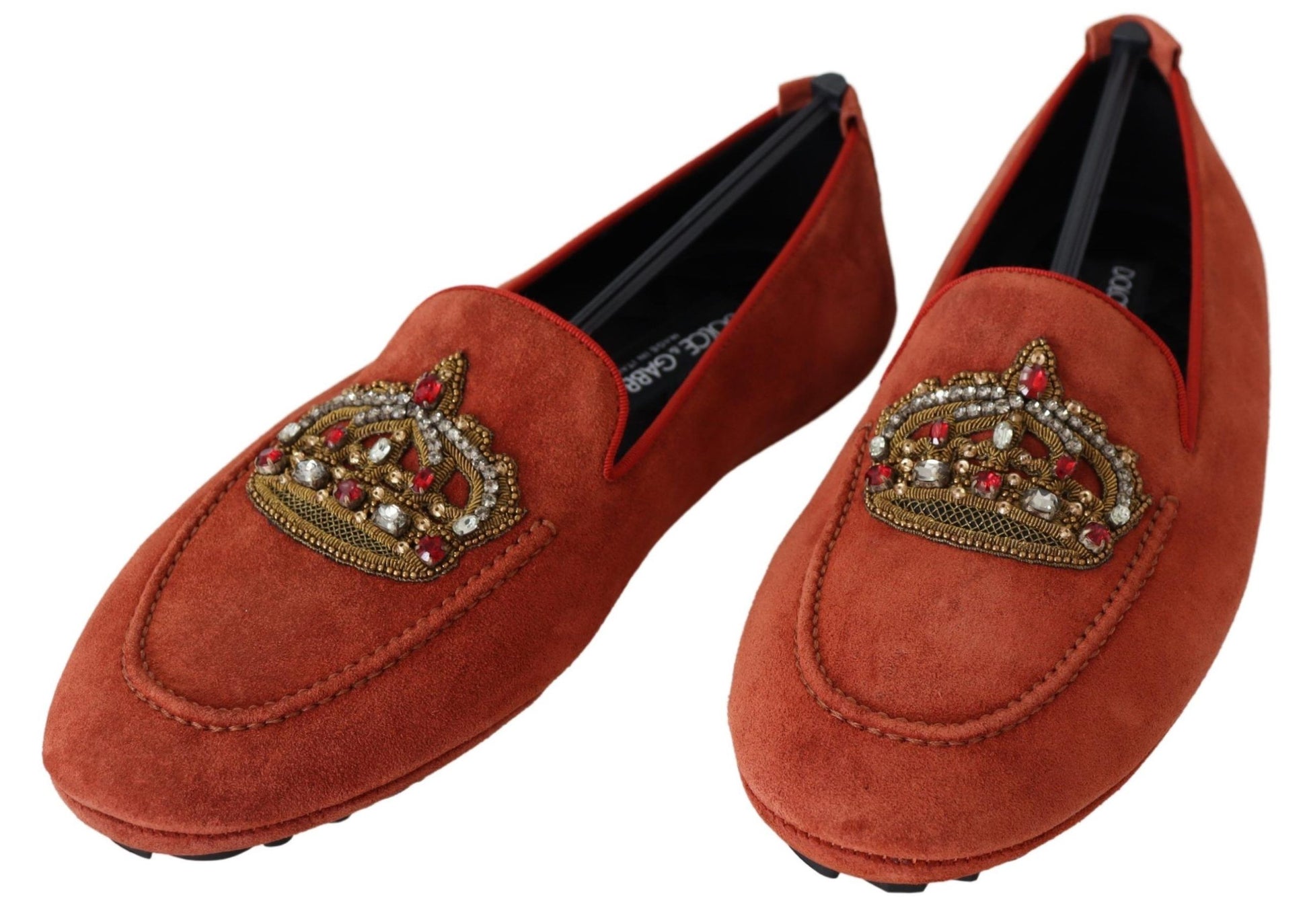 Opulente orangefarbene Leder-Loafer mit Goldstickerei