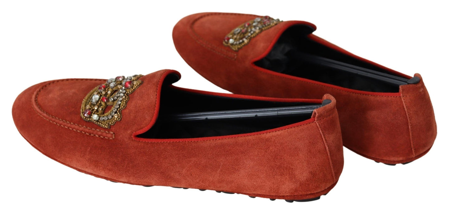 Opulente orangefarbene Leder-Loafer mit Goldstickerei