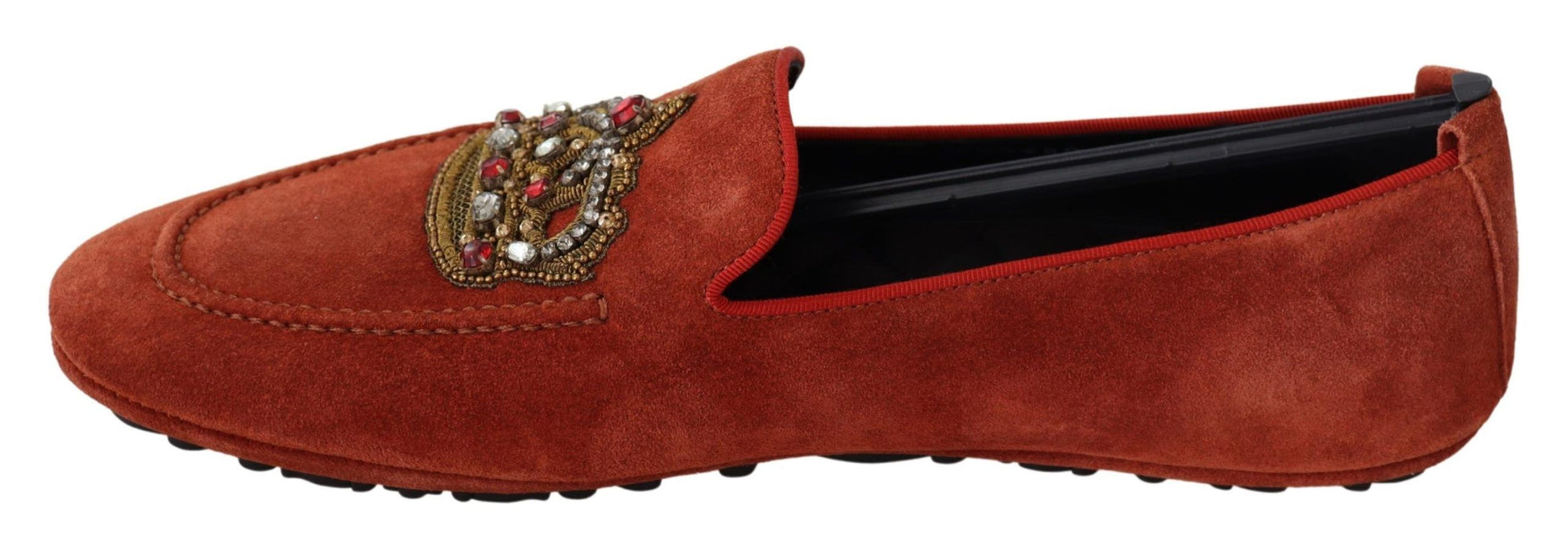 Opulente orangefarbene Leder-Loafer mit Goldstickerei