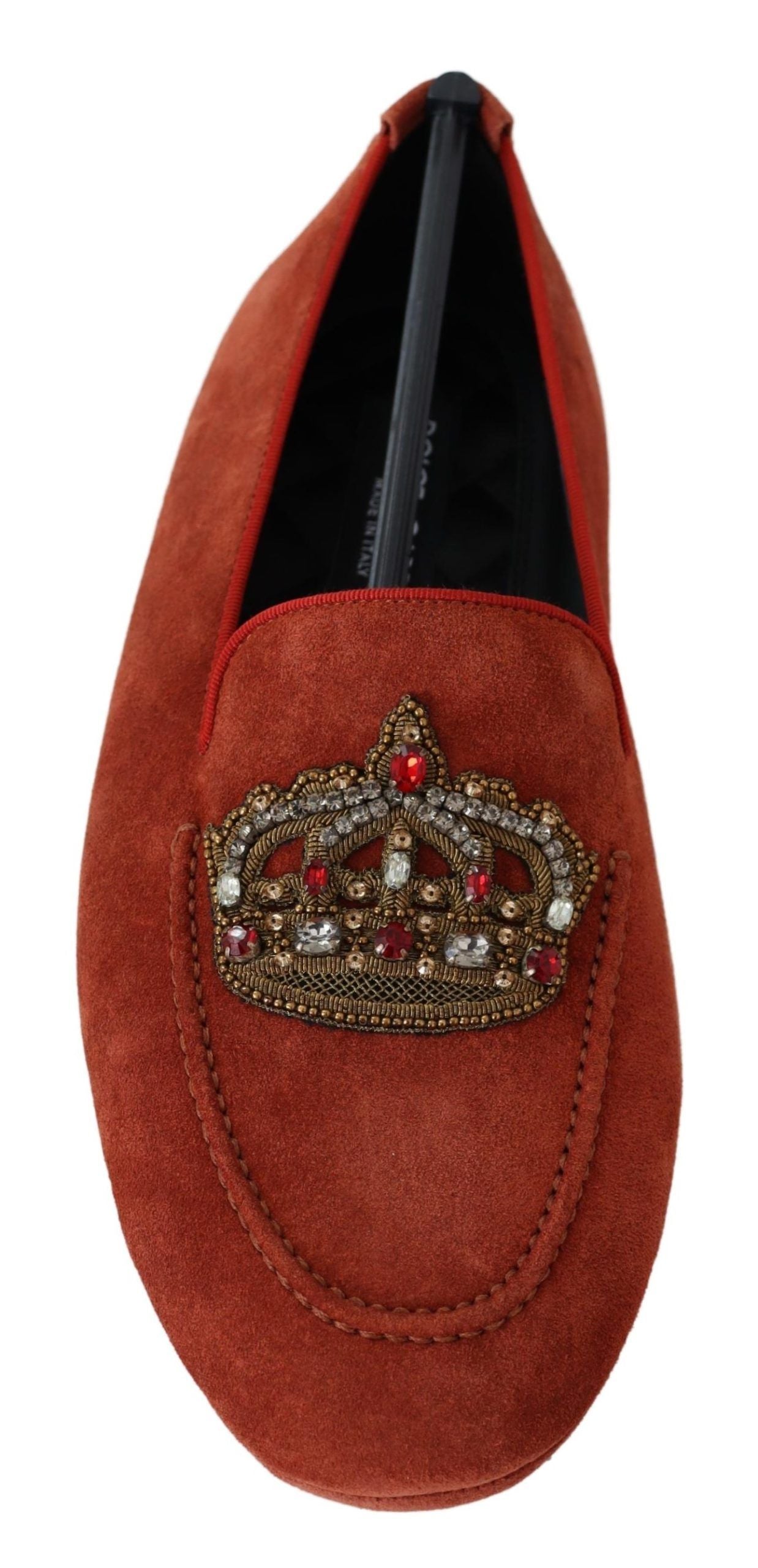 Opulente orangefarbene Leder-Loafer mit Goldstickerei
