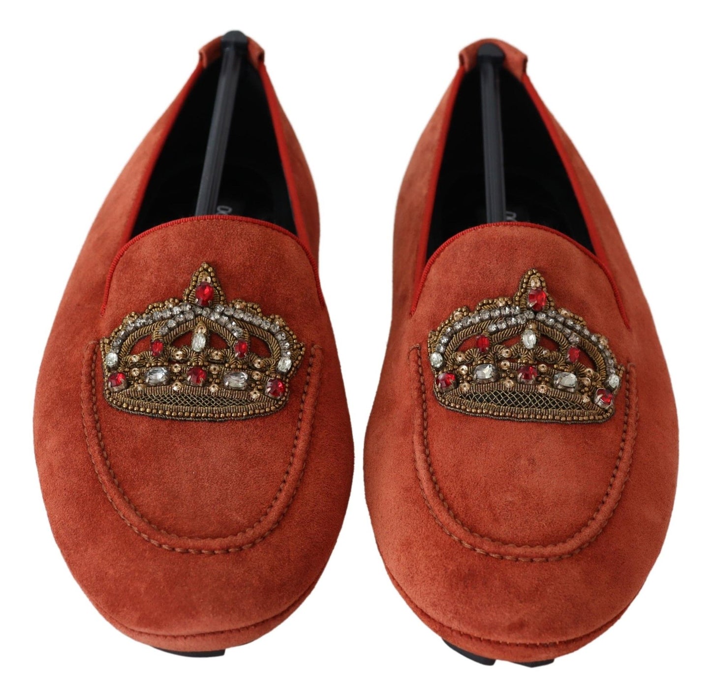 Opulente orangefarbene Leder-Loafer mit Goldstickerei