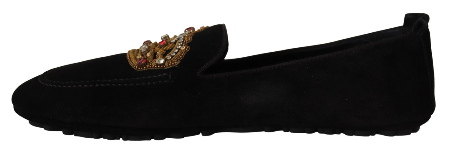 Elegante Loafer-Slipper aus schwarzem Leder mit goldener Stickerei