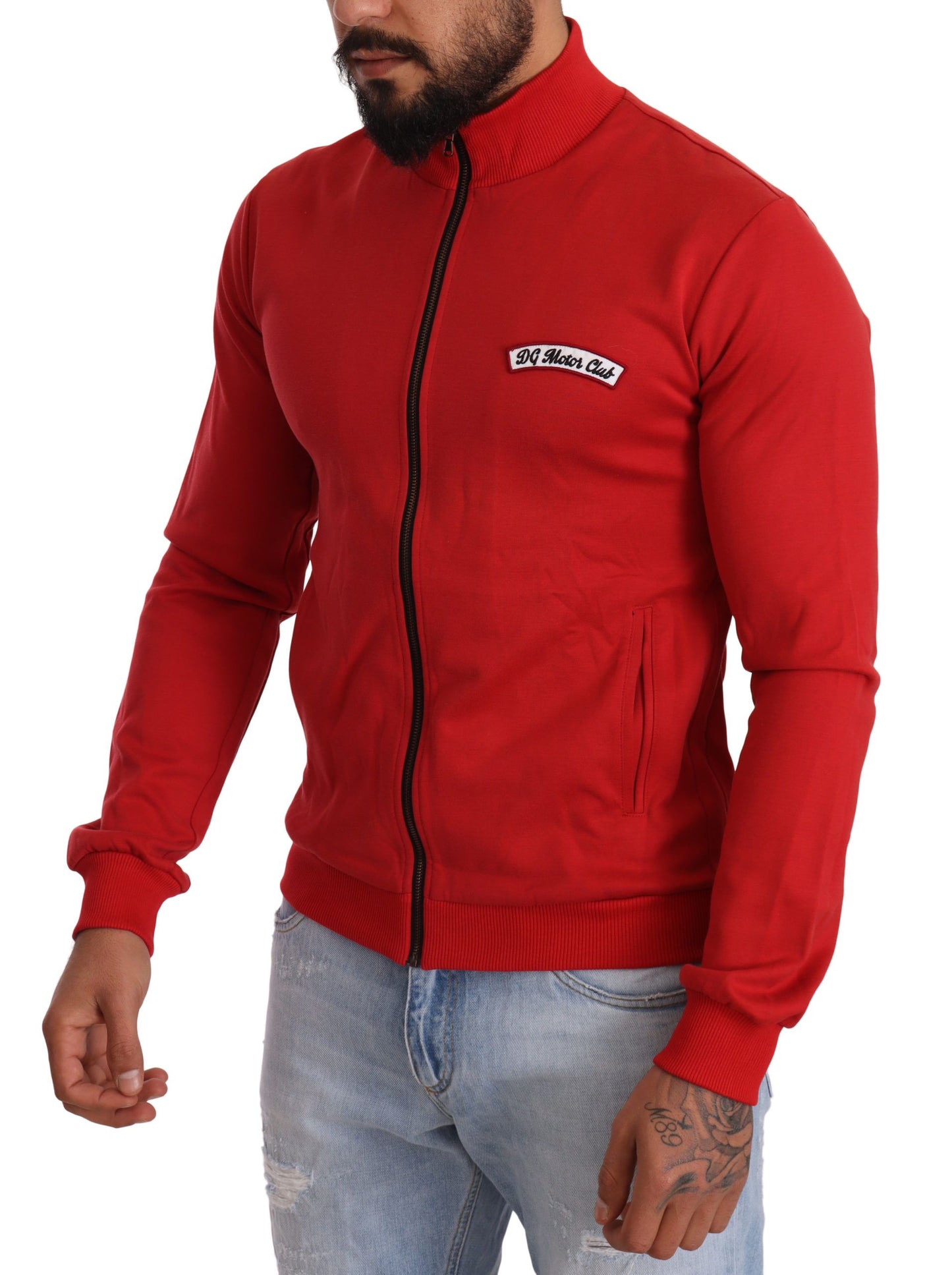 Eleganter roter Pullover mit durchgehendem Reißverschluss und DG Motor Club-Motiv