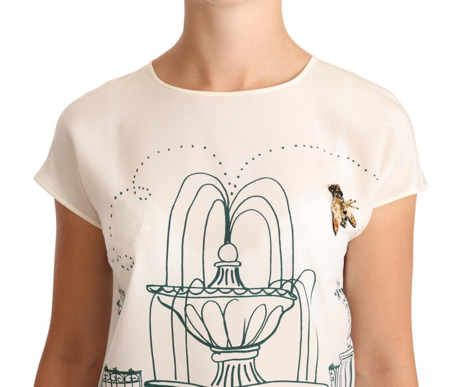 Elegantes Seiden-T-Shirt mit botanischem Garten und Brunnen