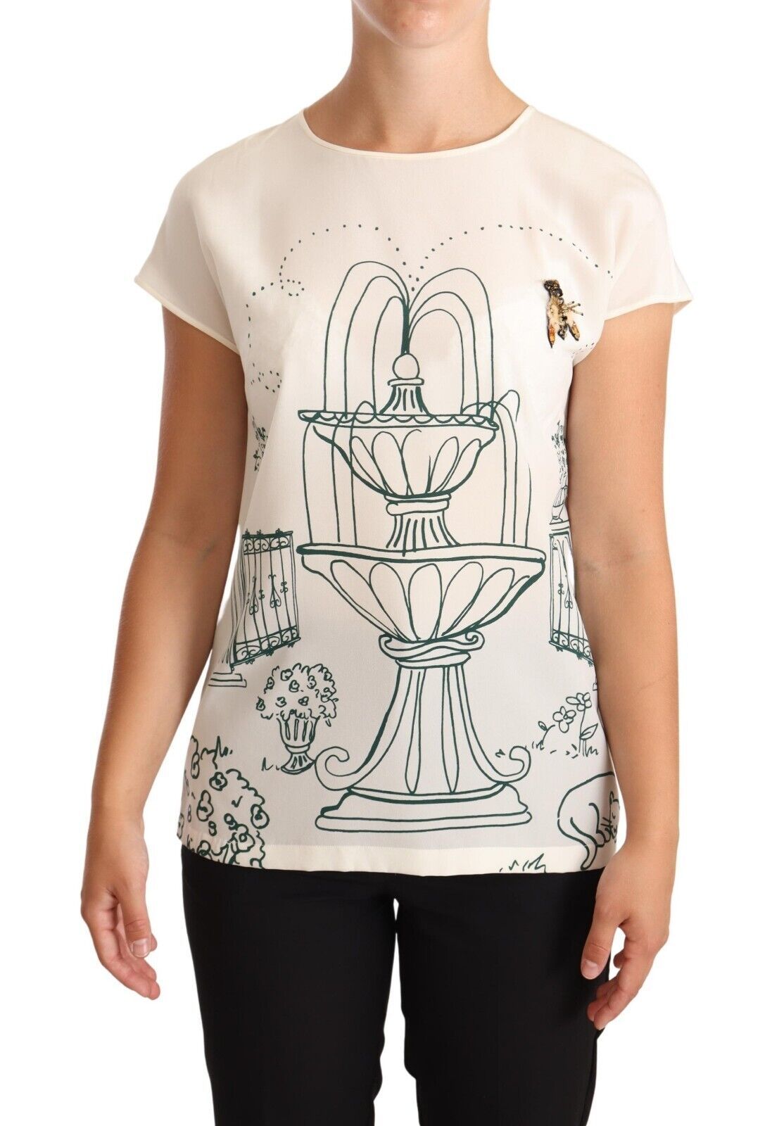Elegantes Seiden-T-Shirt mit botanischem Garten und Brunnen