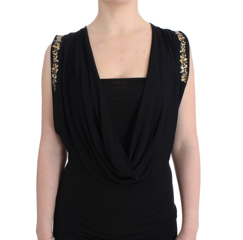 Elegantes ärmelloses schwarzes Minikleid mit goldenen Details