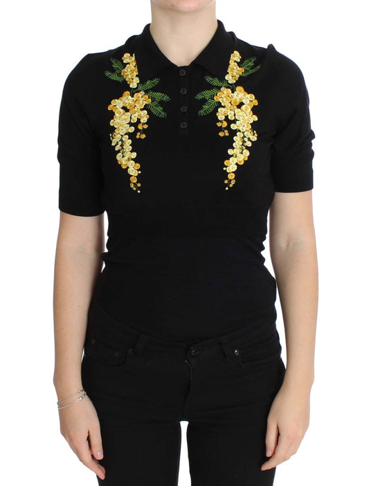 Elegantes schwarzes Poloshirt aus Seide mit Blumenmuster