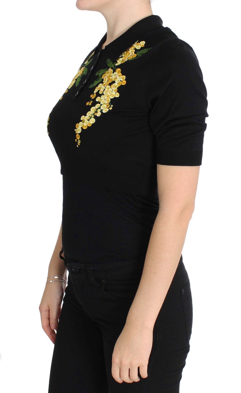 Elegantes schwarzes Poloshirt aus Seide mit Blumenmuster
