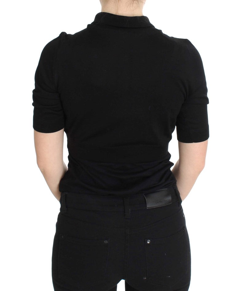 Elegantes schwarzes Poloshirt aus Seide mit Blumenmuster