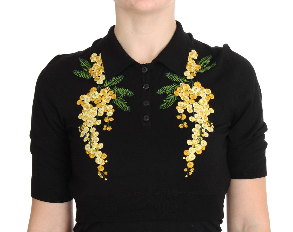 Elegantes schwarzes Poloshirt aus Seide mit Blumenmuster