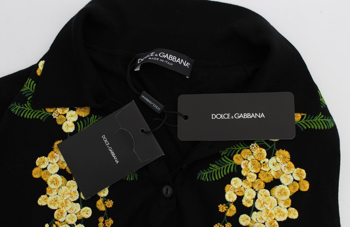 Elegantes schwarzes Poloshirt aus Seide mit Blumenmuster