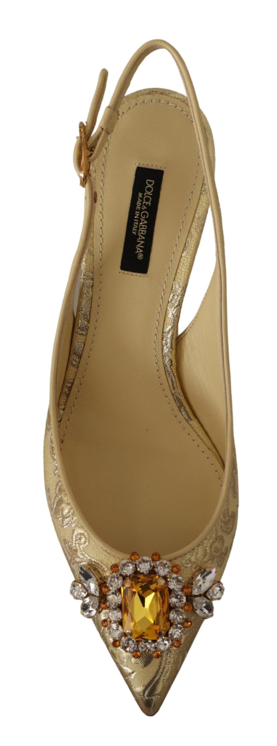 Schimmernde Slingback-Pumps mit goldenen Kristallen