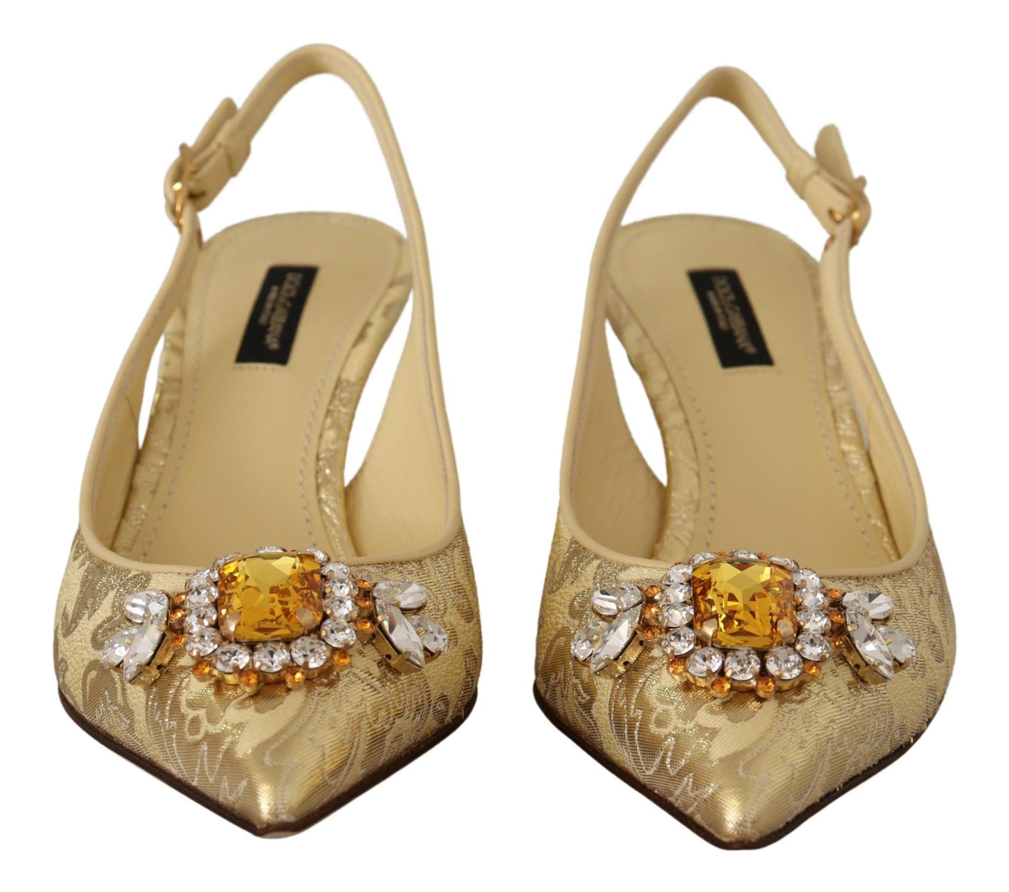 Schimmernde Slingback-Pumps mit goldenen Kristallen