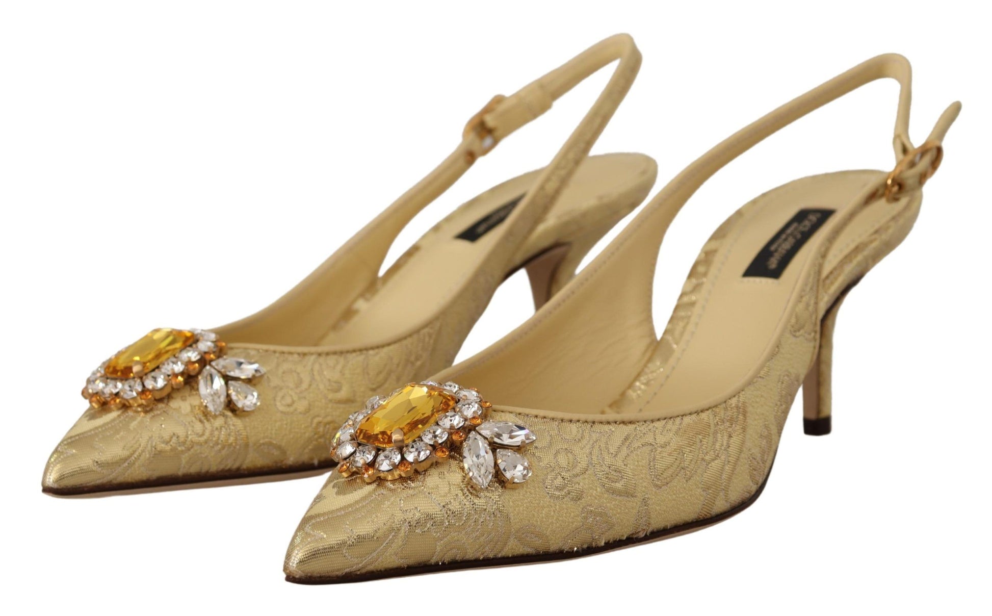Schimmernde Slingback-Pumps mit goldenen Kristallen