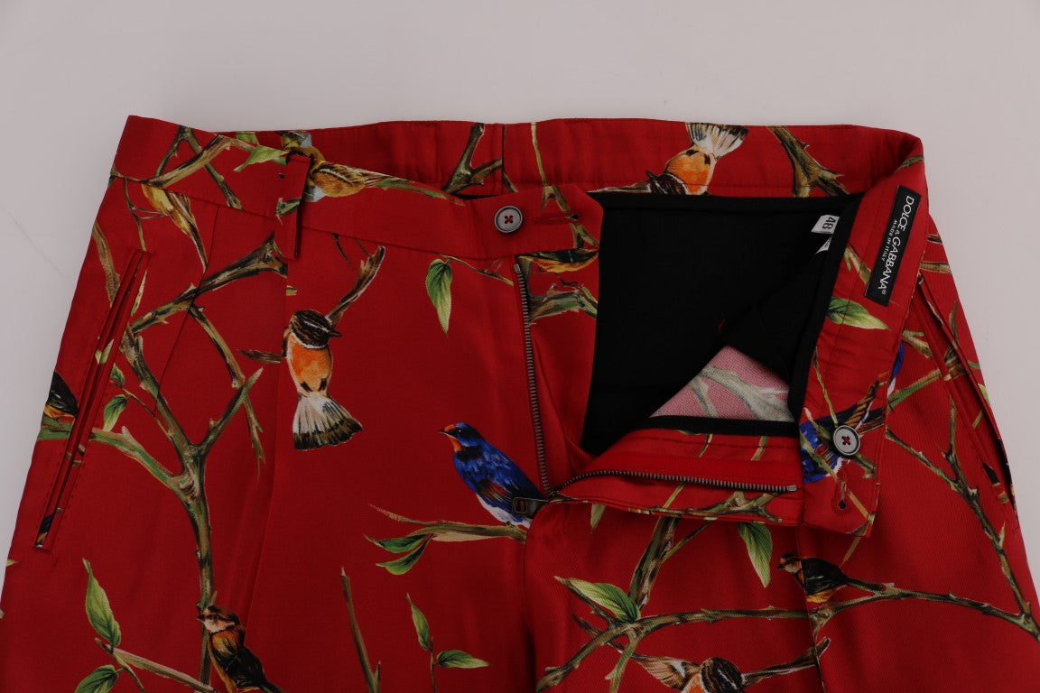 Elegante Seidenanzughose mit rotem Vogel-Print