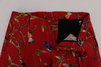 Elegante Seidenanzughose mit rotem Vogel-Print