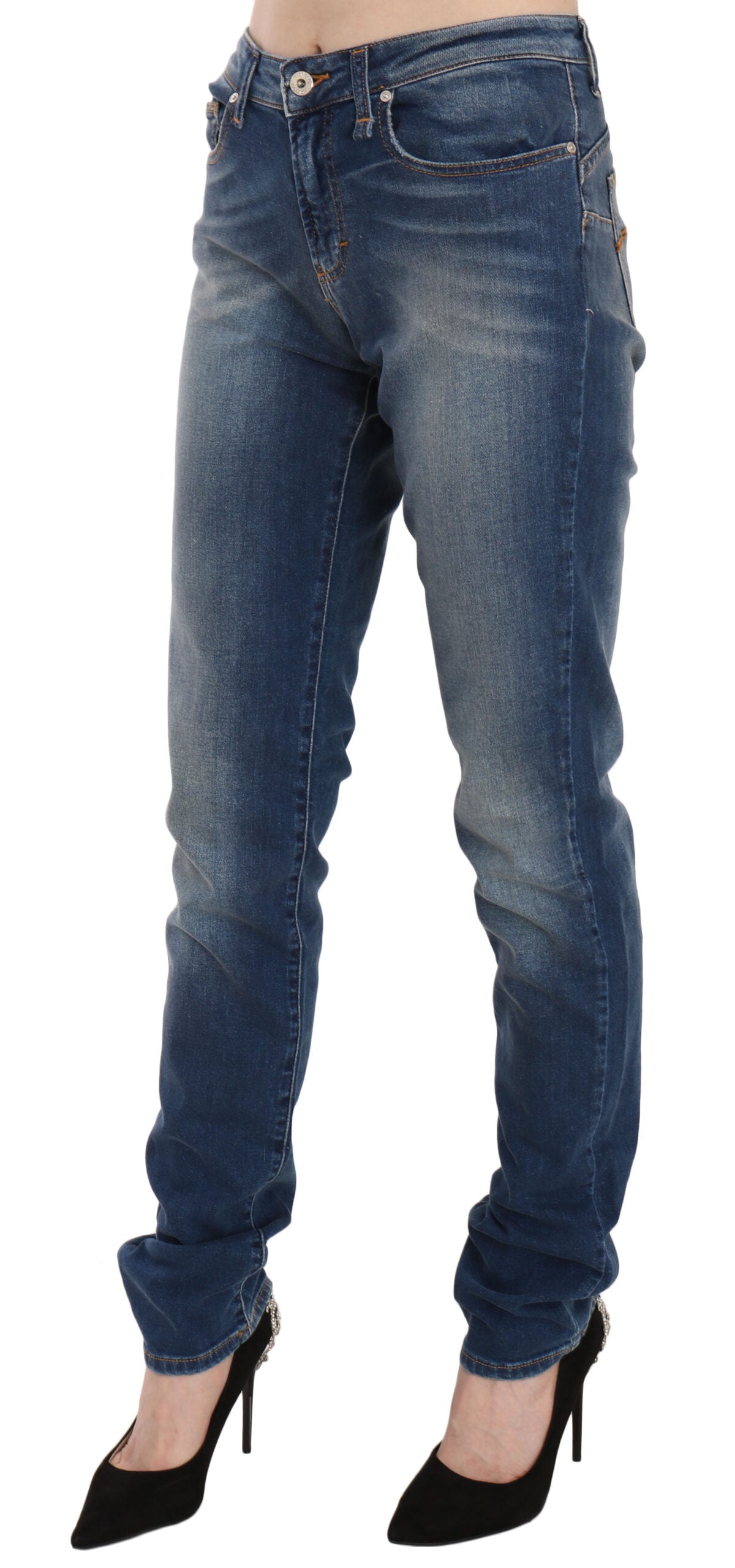 Svelte Slim-Jeans mit mittelhohem Bund in Vintage-Blau