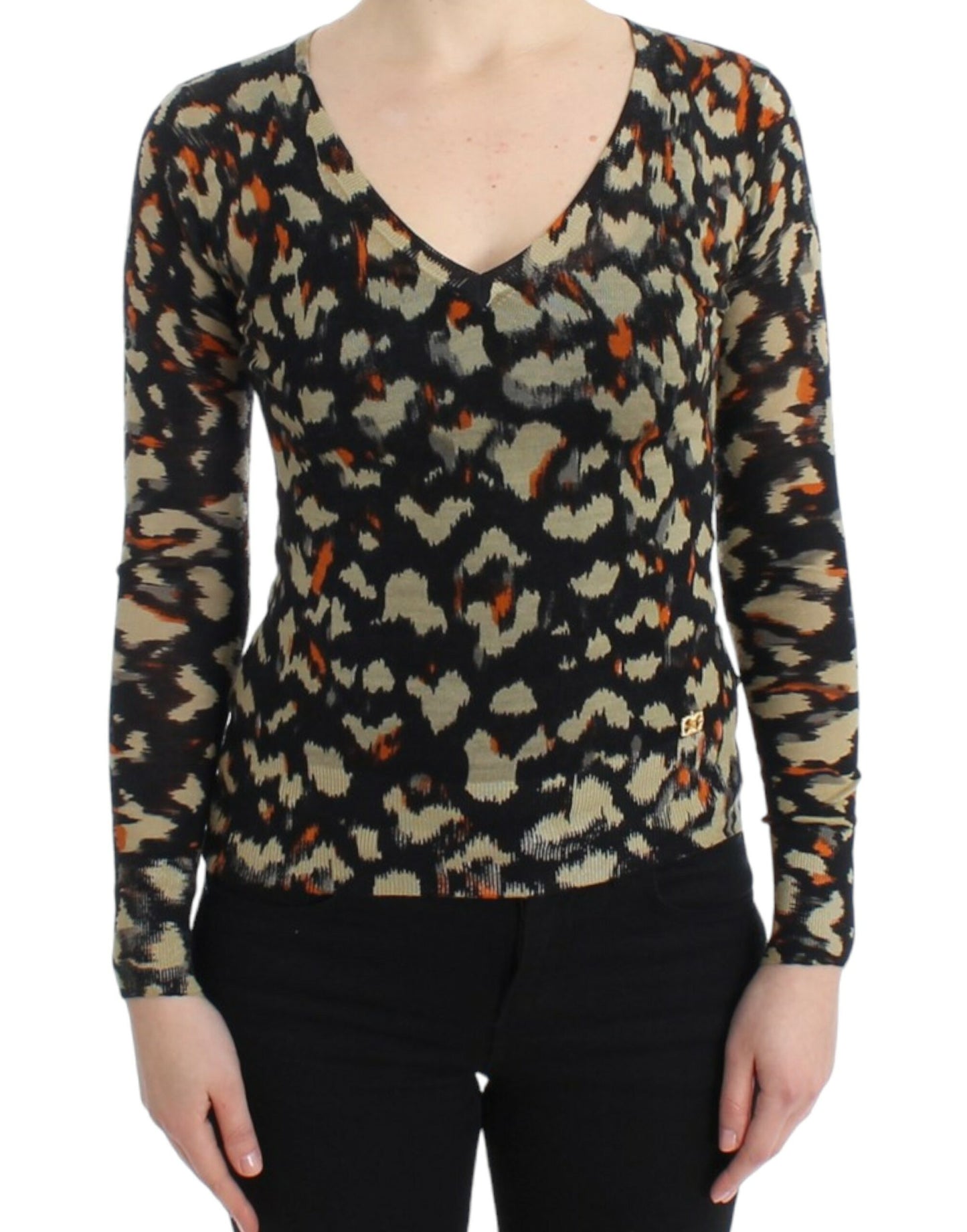Eleganter mehrfarbiger Wollpullover mit V-Ausschnitt
