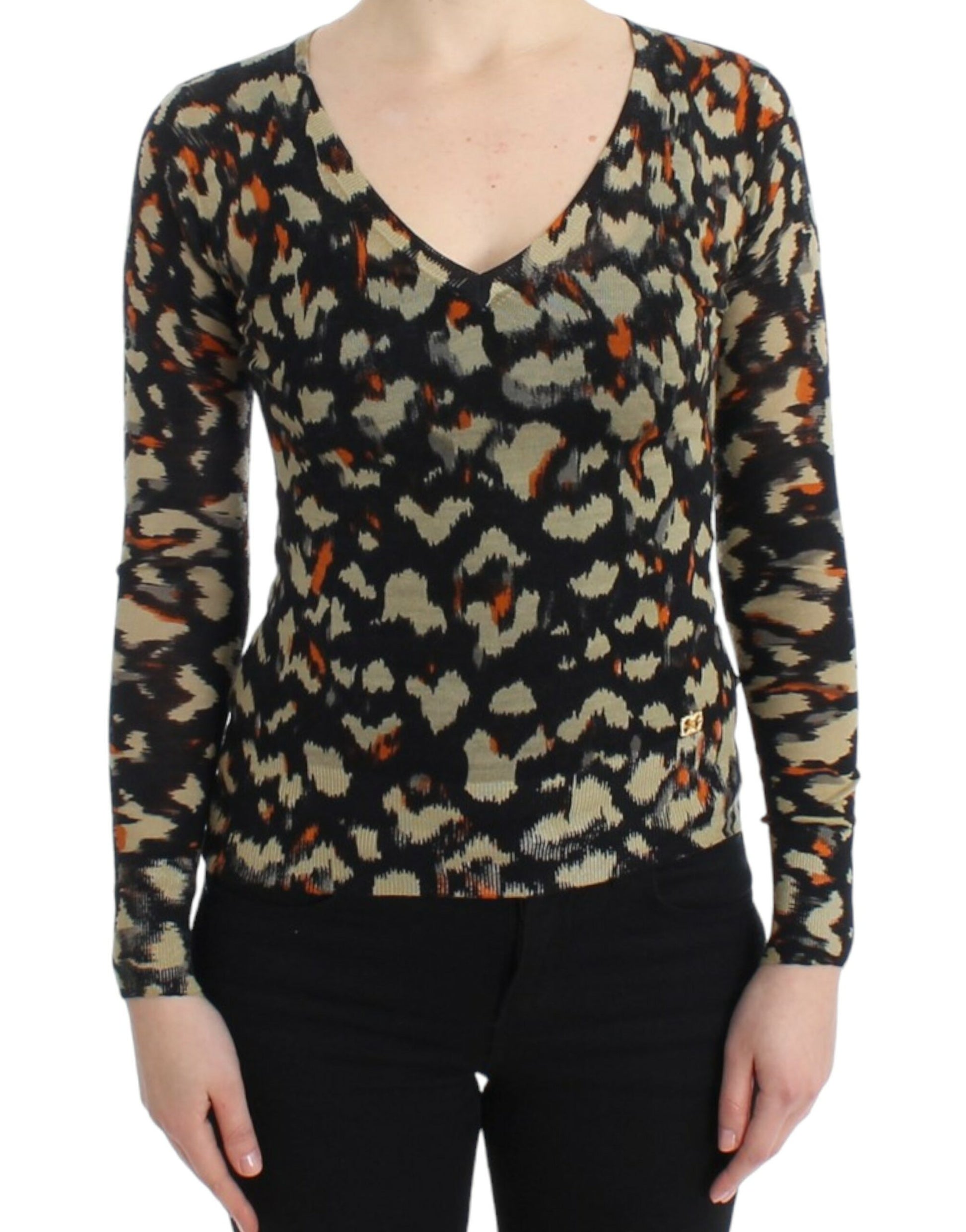 Eleganter mehrfarbiger Wollpullover mit V-Ausschnitt