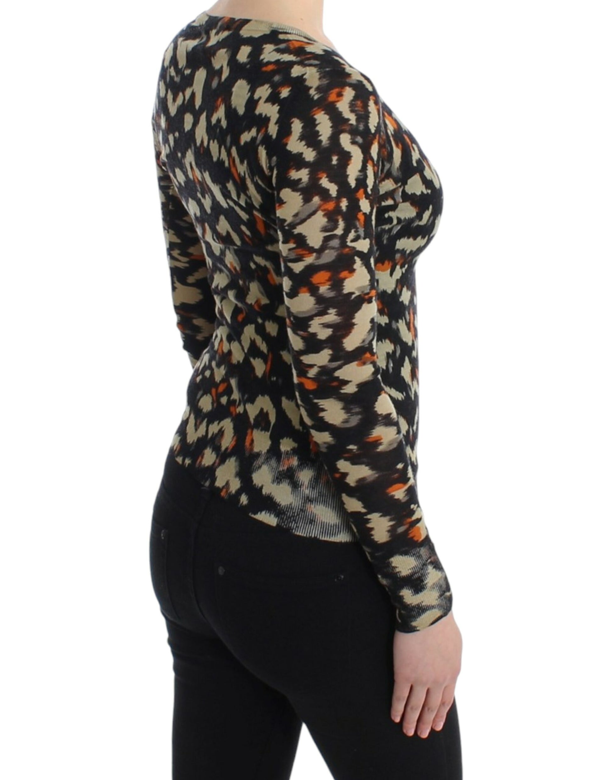 Eleganter mehrfarbiger Wollpullover mit V-Ausschnitt