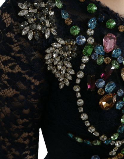 Mit Kristallen verziertes marineblaues ausgestelltes Kleid