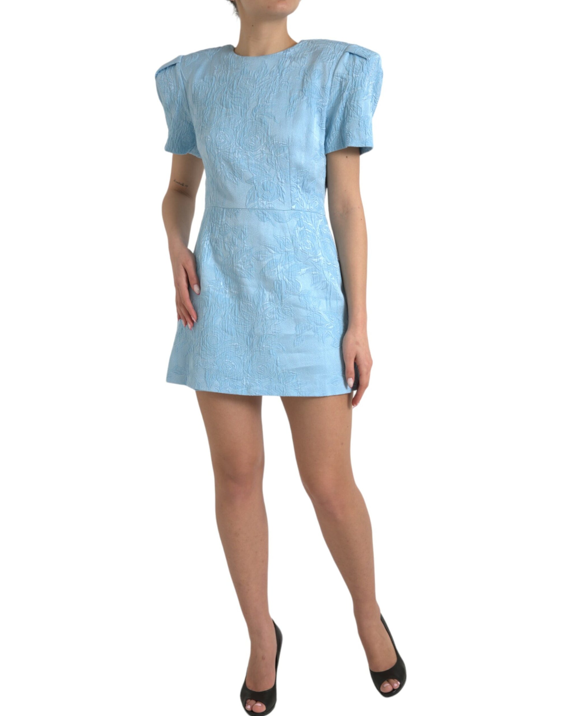 Elegantes himmelblaues Jacquard-Minikleid mit Blumenmuster