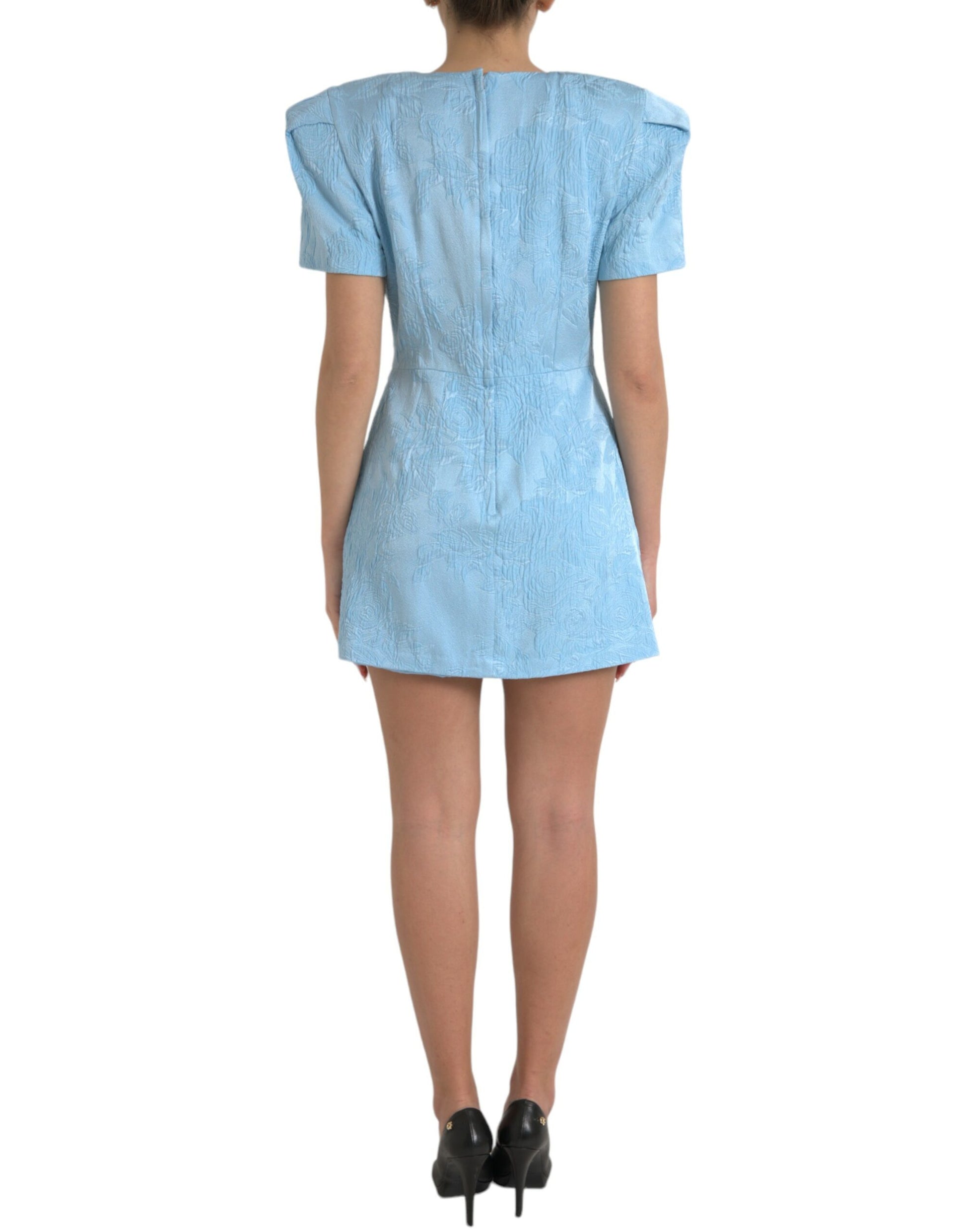 Elegantes himmelblaues Jacquard-Minikleid mit Blumenmuster