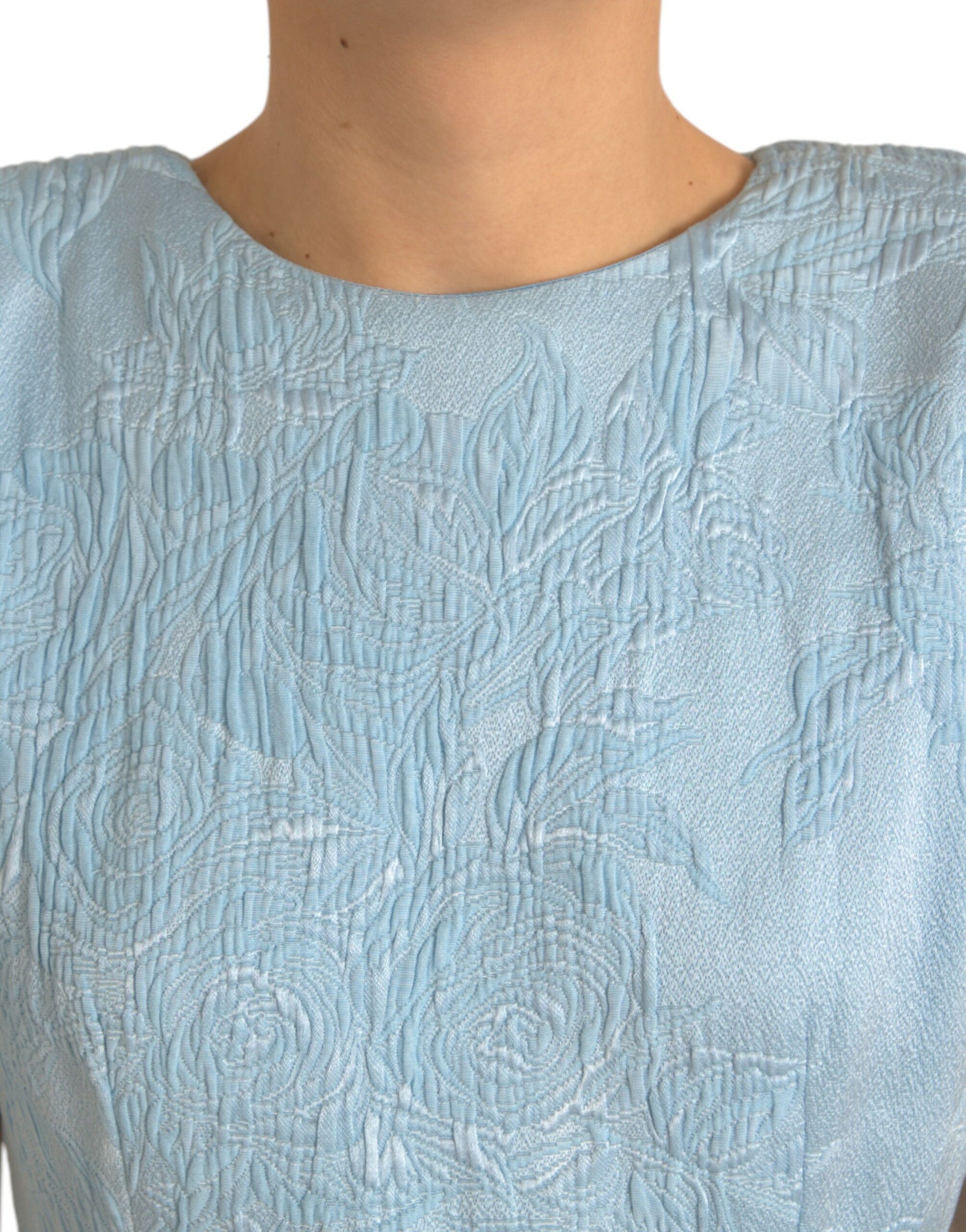Elegantes himmelblaues Jacquard-Minikleid mit Blumenmuster