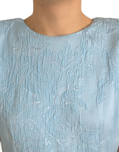 Elegantes himmelblaues Jacquard-Minikleid mit Blumenmuster