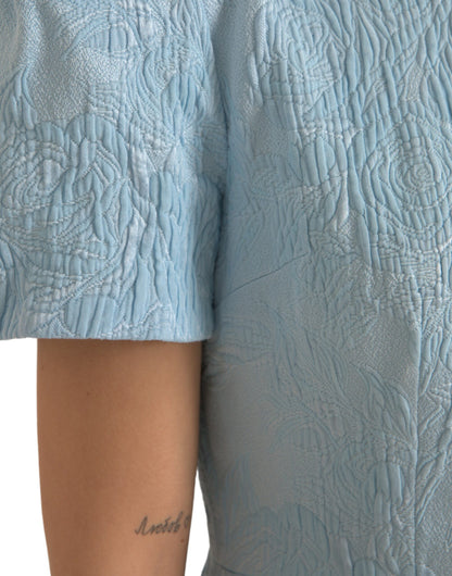 Elegantes himmelblaues Jacquard-Minikleid mit Blumenmuster
