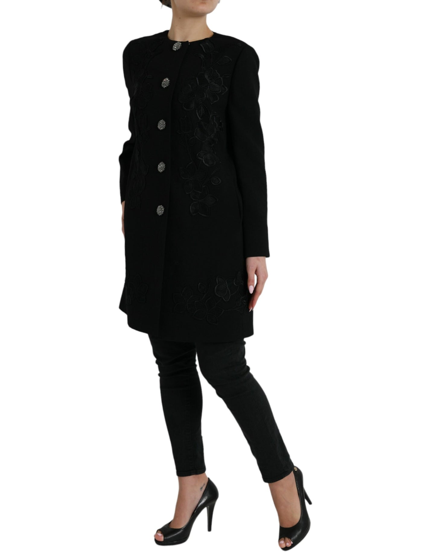 Eleganter Trenchcoat aus Wolle mit Blumenmuster und Knöpfen