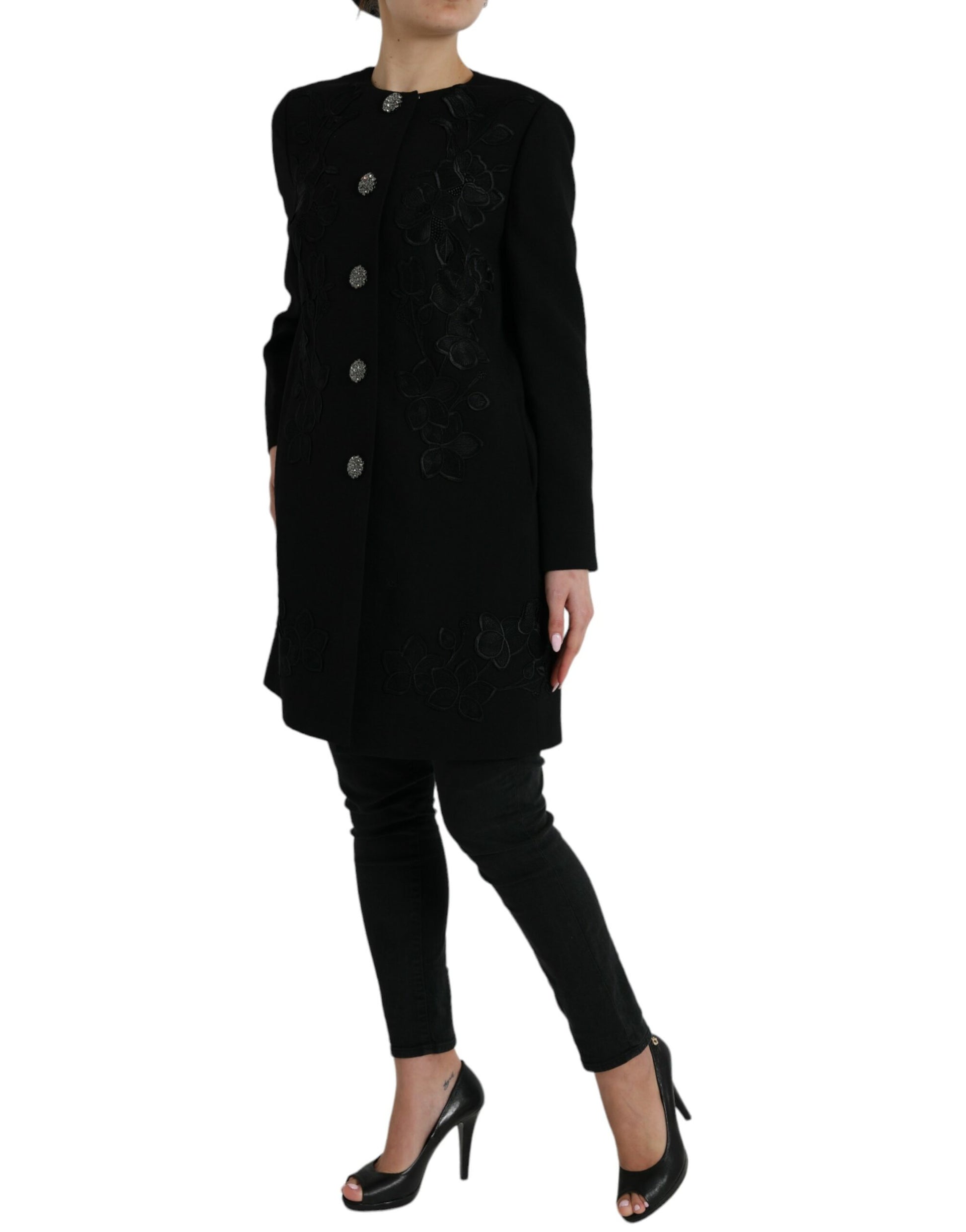 Eleganter Trenchcoat aus Wolle mit Blumenmuster und Knöpfen