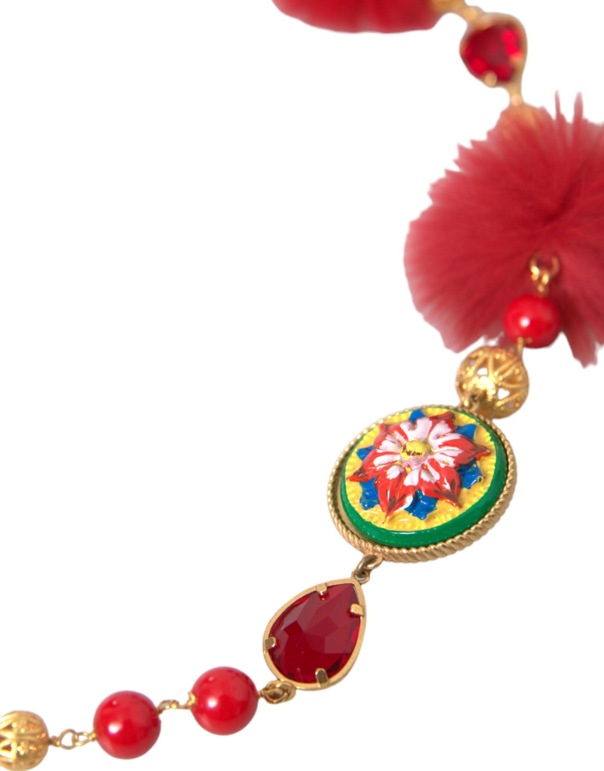 Halskette mit Carretto-Kette aus goldenem Messing und rotem Pelz und Kristallen
