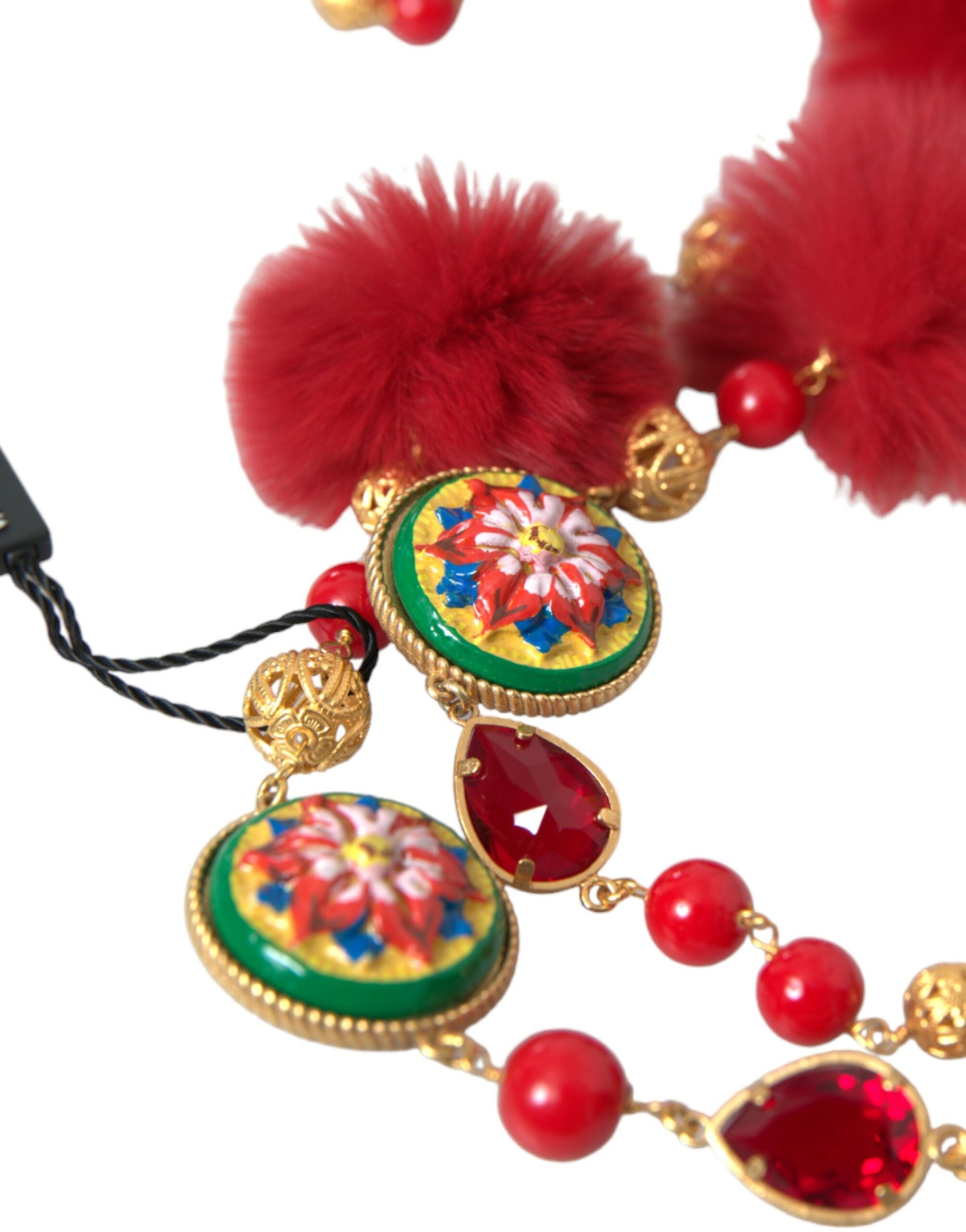 Halskette mit Carretto-Kette aus goldenem Messing und rotem Pelz und Kristallen