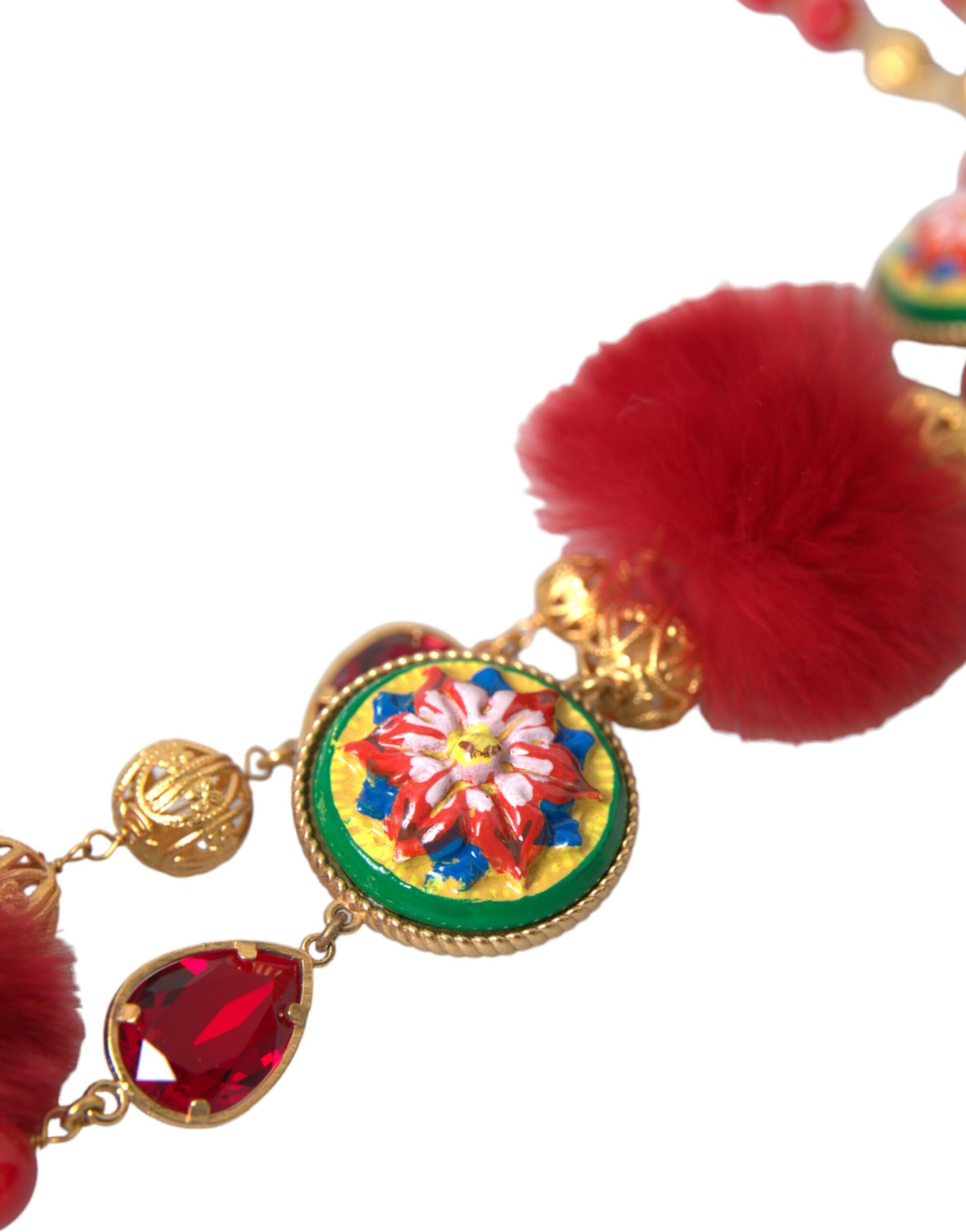 Halskette mit Carretto-Kette aus goldenem Messing und rotem Pelz und Kristallen