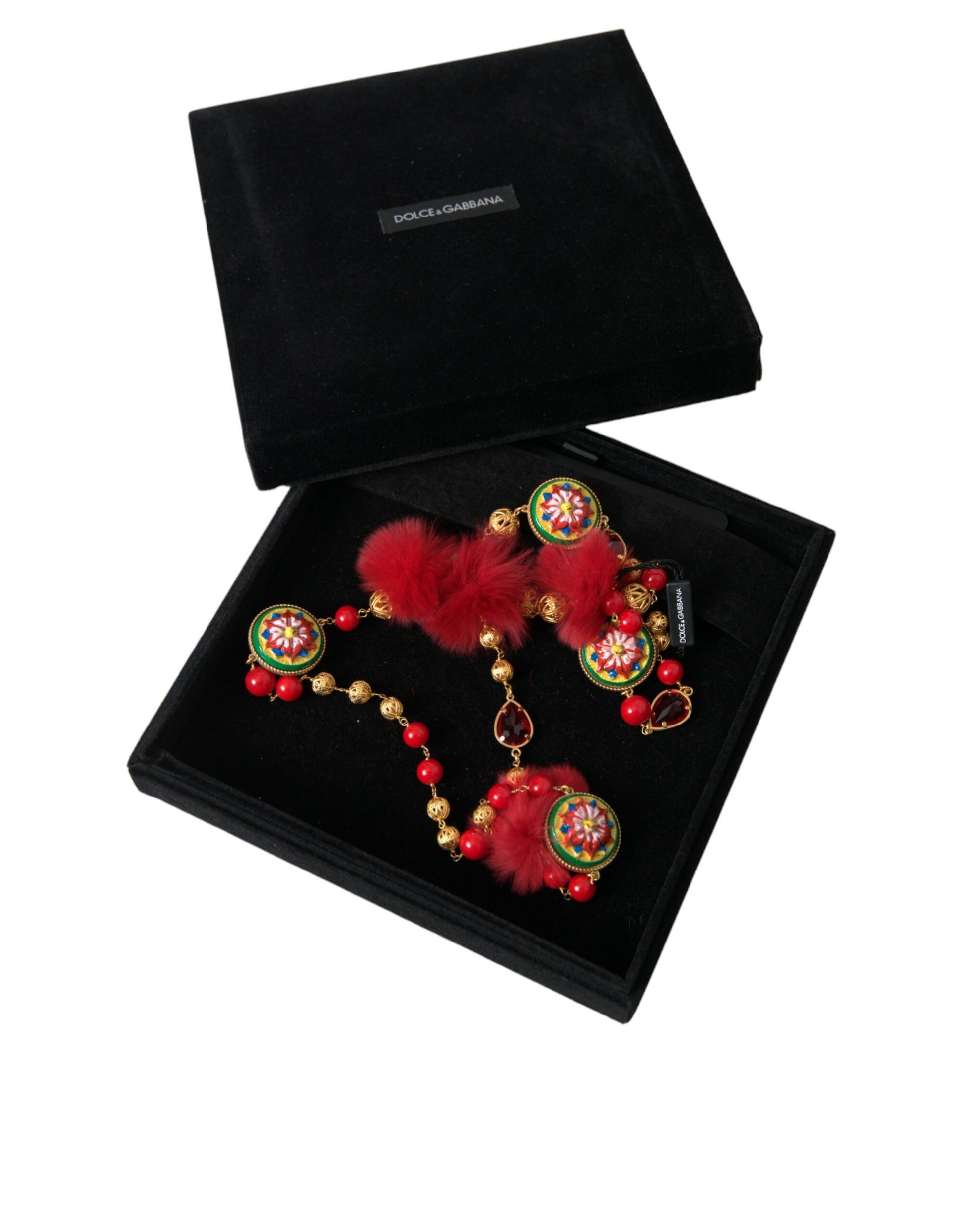 Halskette mit Carretto-Kette aus goldenem Messing und rotem Pelz und Kristallen