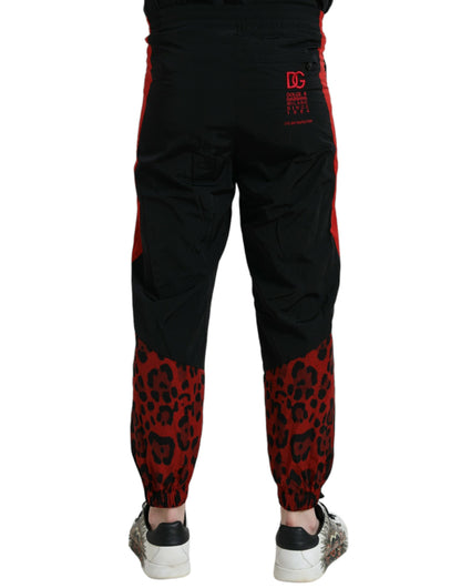 Schwarz-rote Jogginghose aus Nylon mit Leopardenmuster