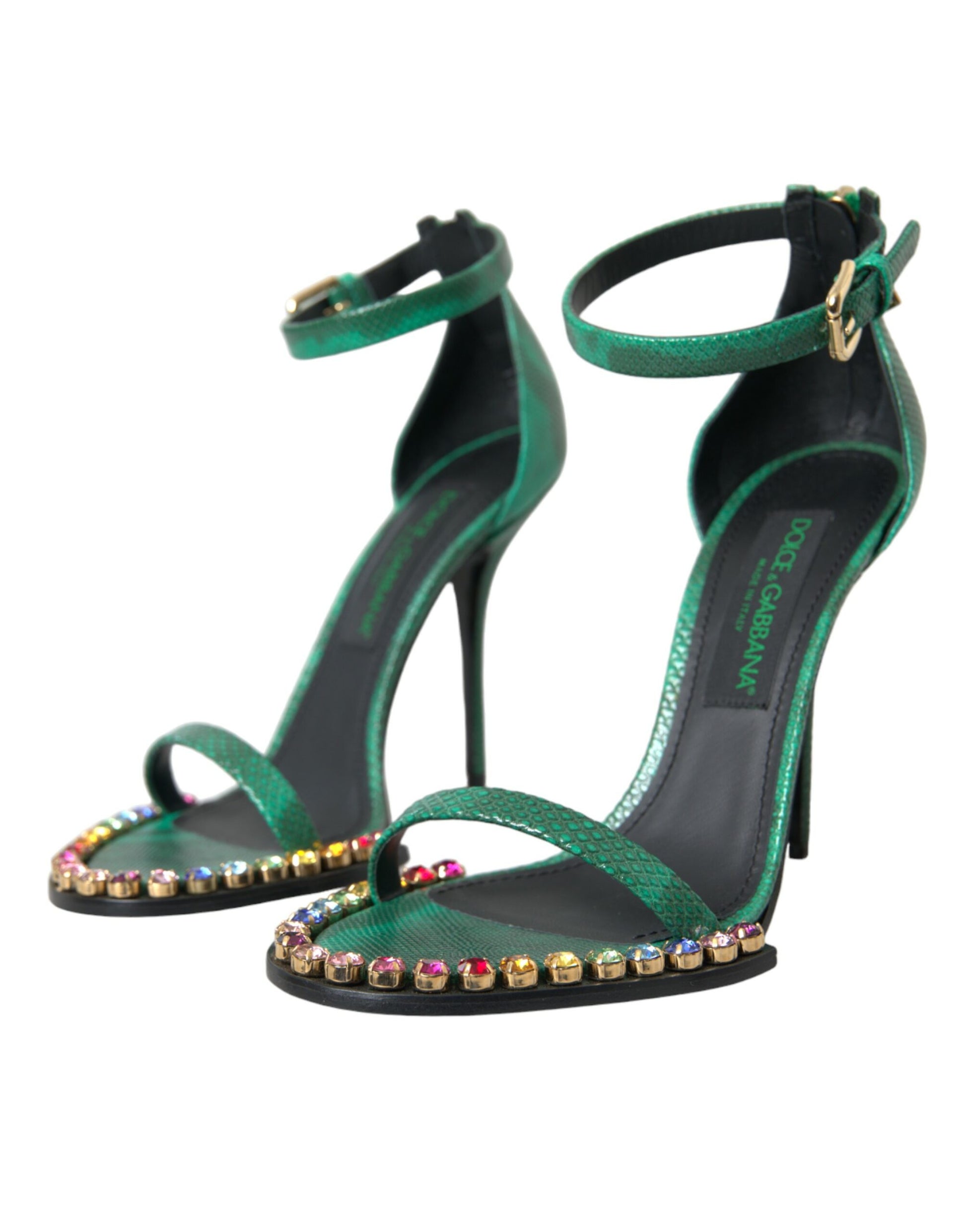 Grüne Sandalen aus exotischem Leder mit Kristallen